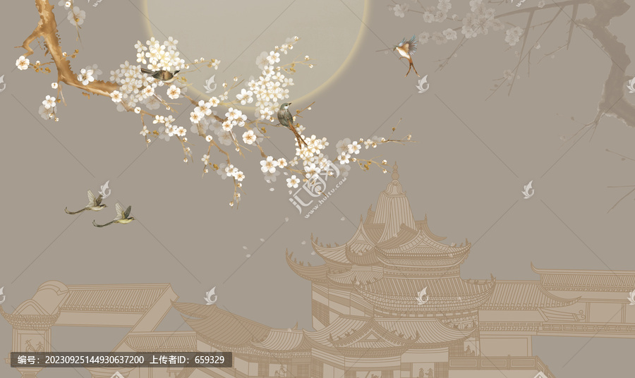 高端新中式花鳥樓閣背景墻