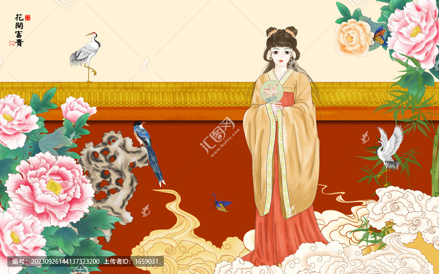 新中式紅墻美女插畫