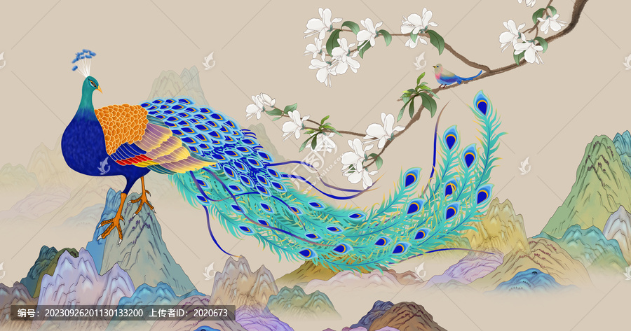 國潮山水孔雀圖