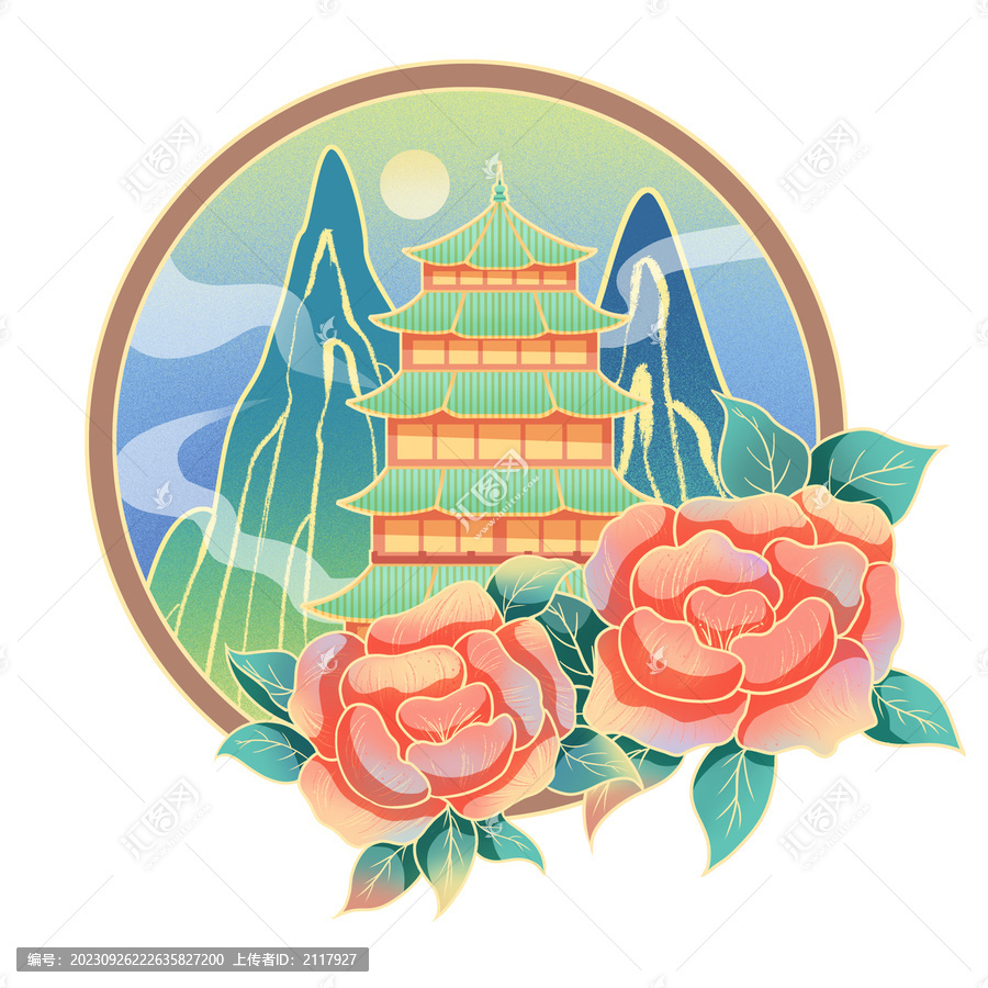 國潮圓窗景牡丹花古建筑山