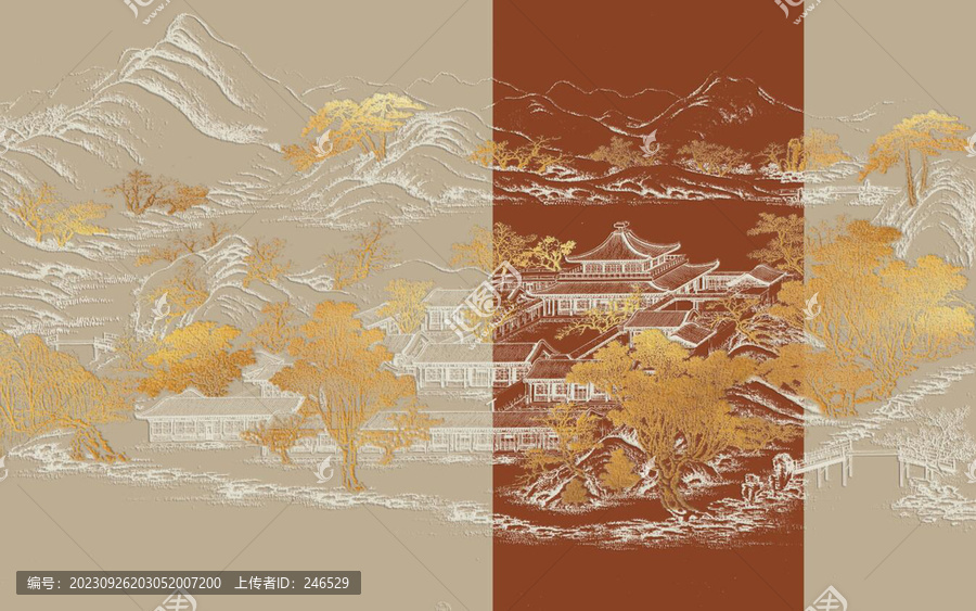 新中式描線建筑山水畫