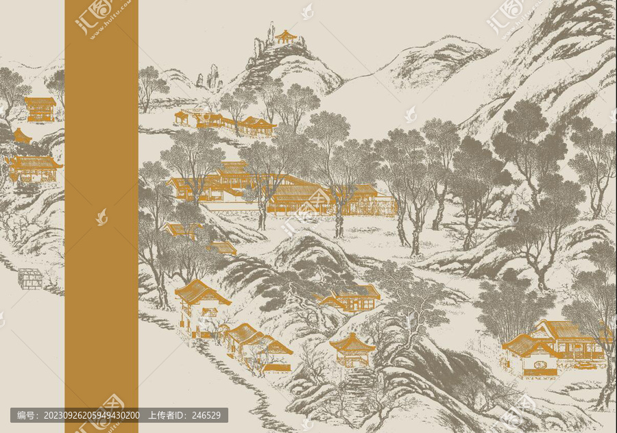 手繪線體山水