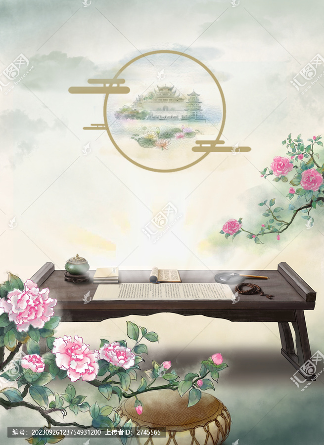牡丹樹(shù)下抄經(jīng)禪意圖
