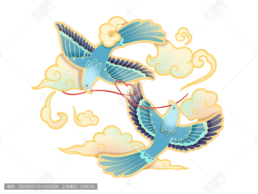 喜鵲祥云剪紙風(fēng)紅絲線元素