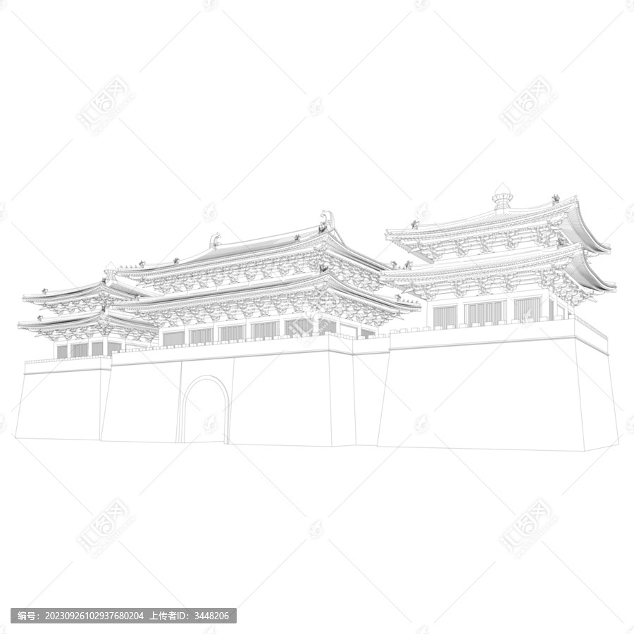 城樓軸測線稿圖