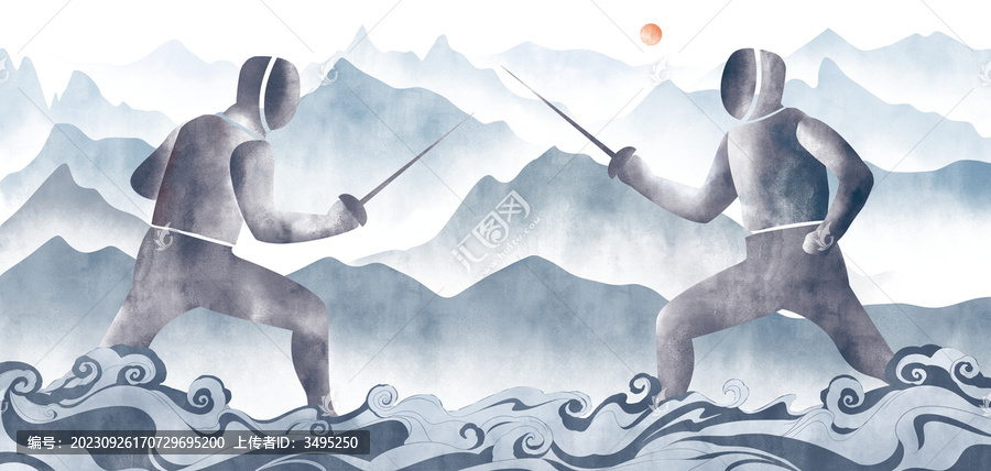擊劍運(yùn)動(dòng)中國(guó)風(fēng)水墨插畫