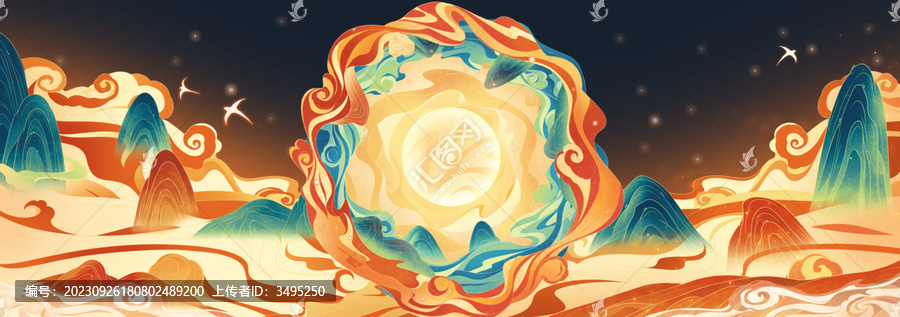 國風(fēng)祥云明月喜慶國潮插畫