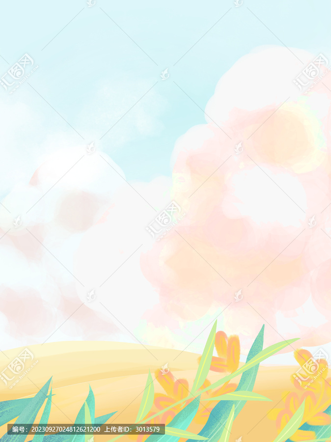 清新秋天白云田野插畫背景