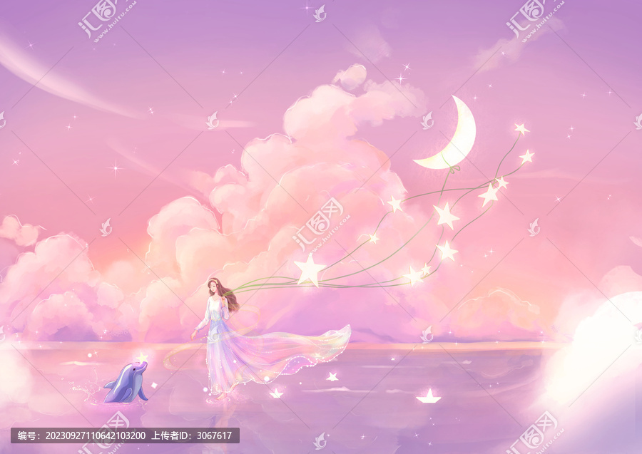 牽月亮的少女插畫