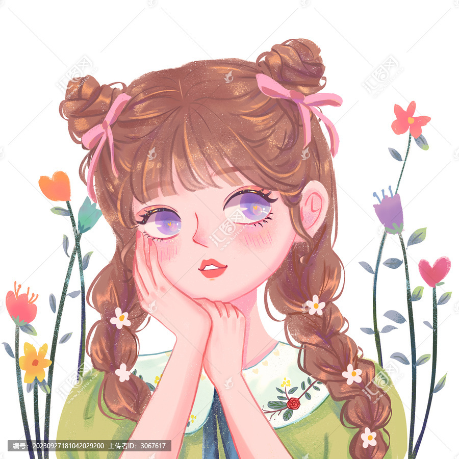 可愛卡通花叢少女