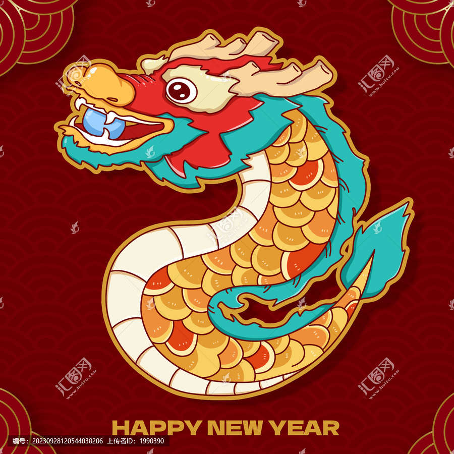 喜氣洋洋過年舞龍線條插畫