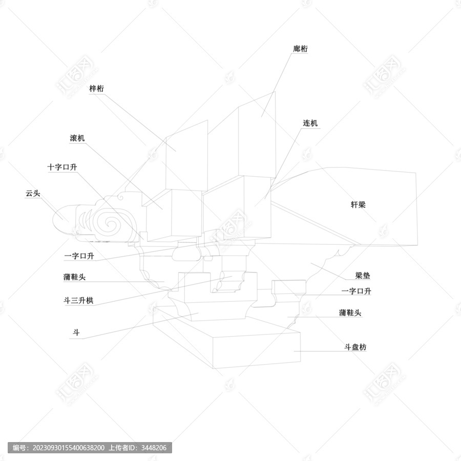 一斗三升云頭挑梓桁線稿圖