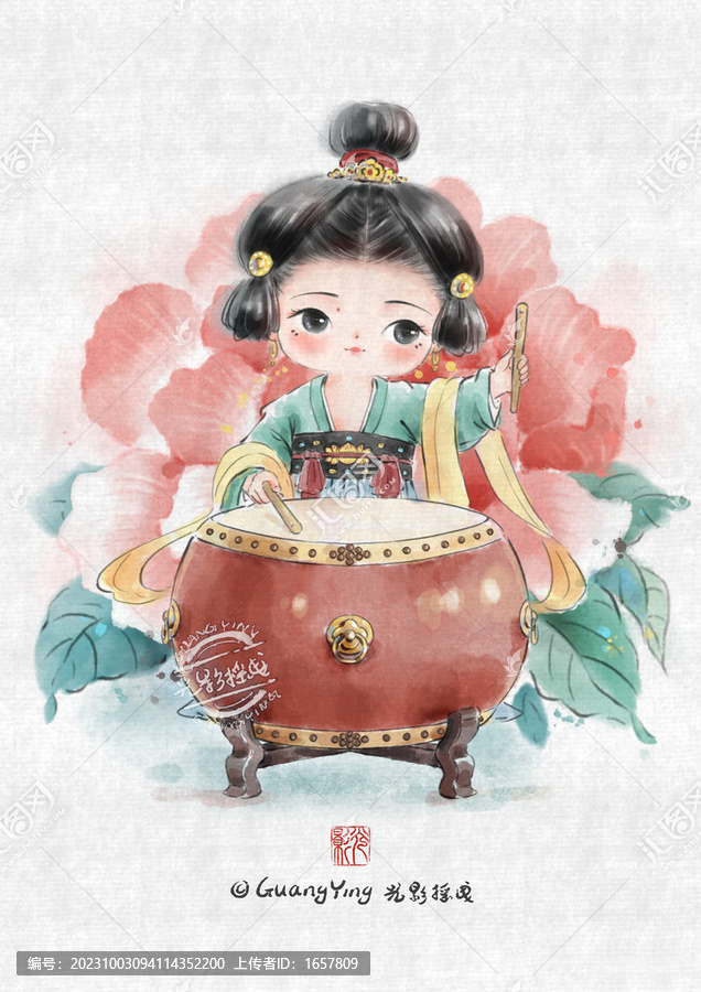 Q版水墨民樂擊鼓仕女圖