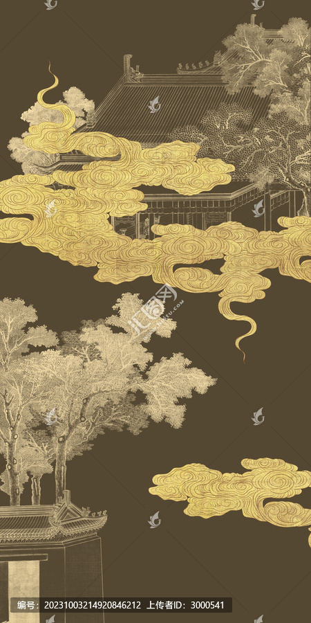 金箔畫祥云亭臺樓閣建筑裝飾畫