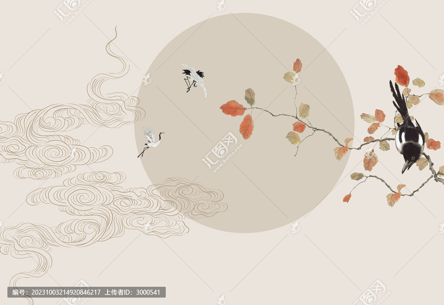 花鳥(niǎo)意境祥云床頭壁畫(huà)背景墻