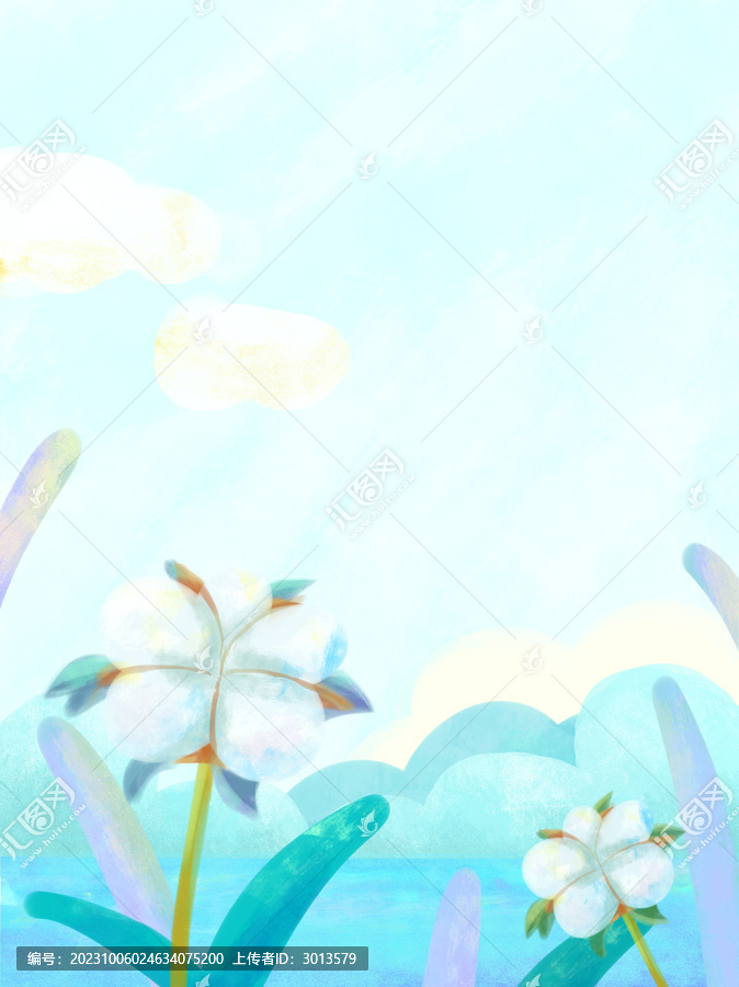 清新寒露节气山水棉花插画背景