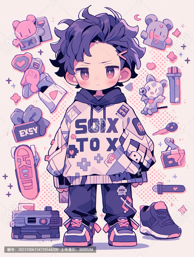 可愛二次元Q版小男孩紫色貼紙