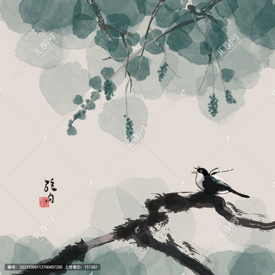 水墨花鳥畫葡萄小鳥