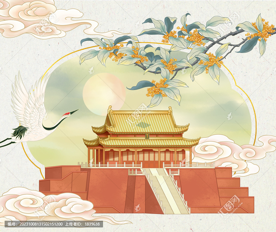 桂花與開(kāi)封龍亭古風(fēng)建筑插畫(huà)
