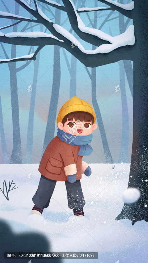 冬天下雪孩子打雪仗玩耍插畫