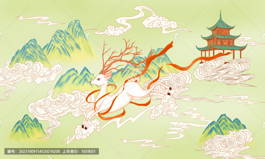 梅花鹿國(guó)潮插畫