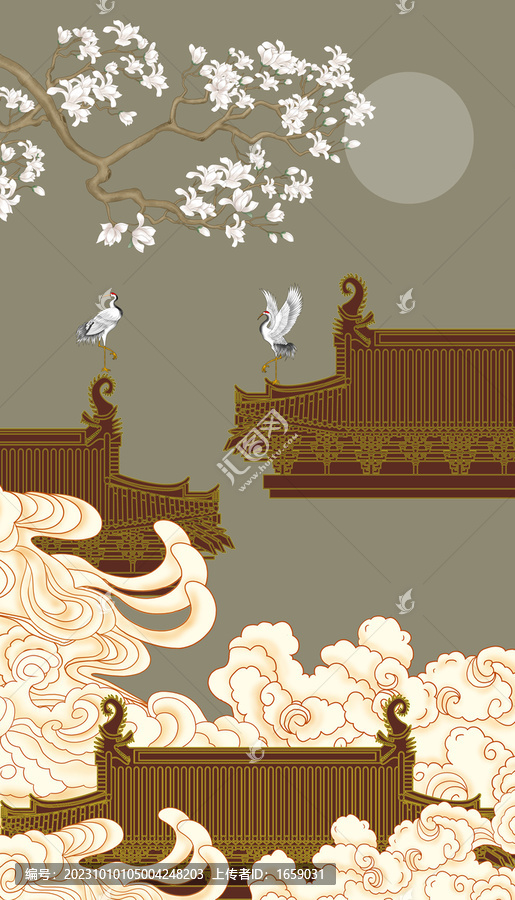 玄關(guān)線描閣樓刺繡插畫(huà)