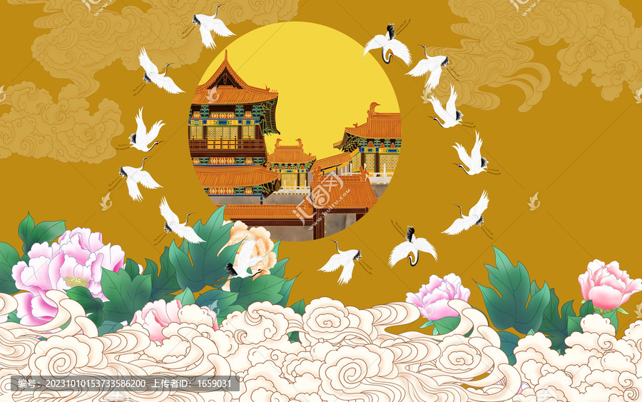祥云花鳥瑞鶴圖背景墻