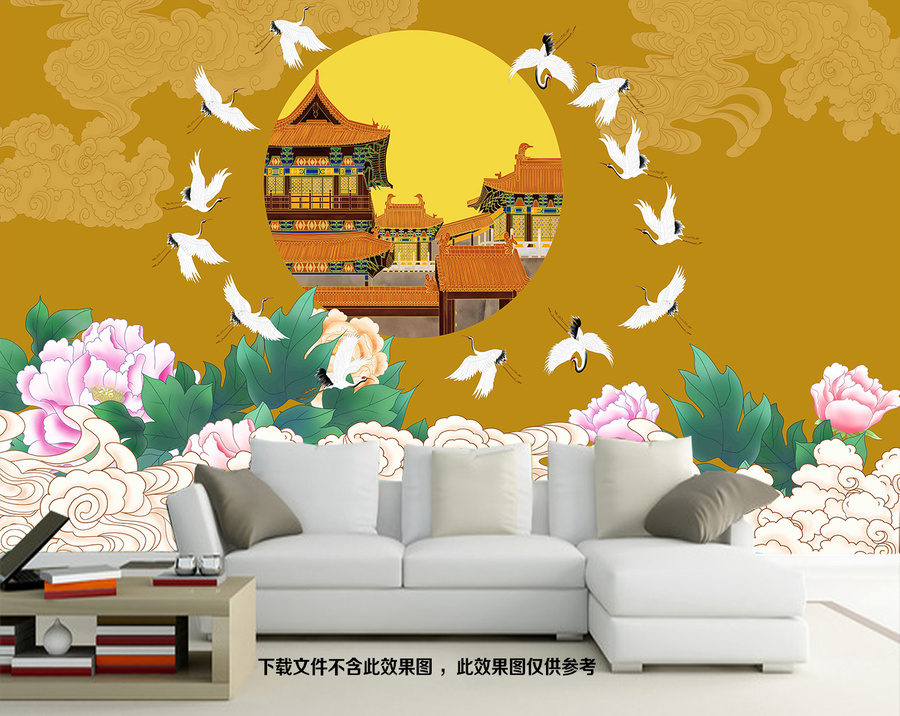 祥云花鳥瑞鶴圖背景墻