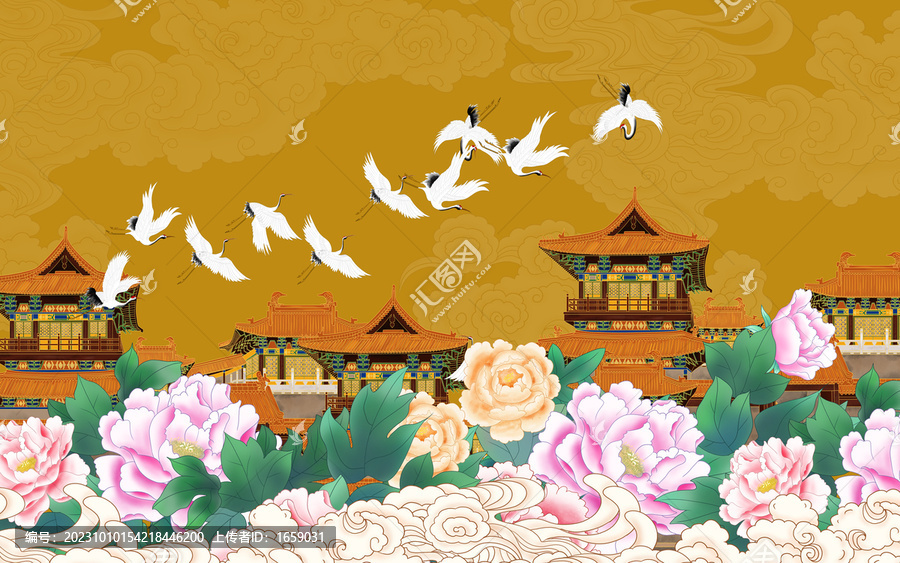 復(fù)古閣樓花鳥(niǎo)祥云