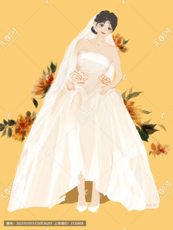 手绘新娘白色婚纱婚礼背景插画