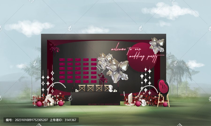 戶外玫紅黑婚禮簽到效果圖
