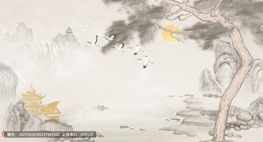 高端新中式建筑山水背景墻