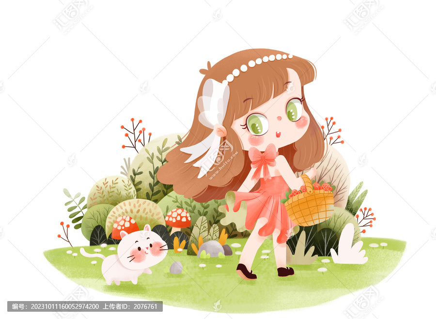 小女孩與動物插畫