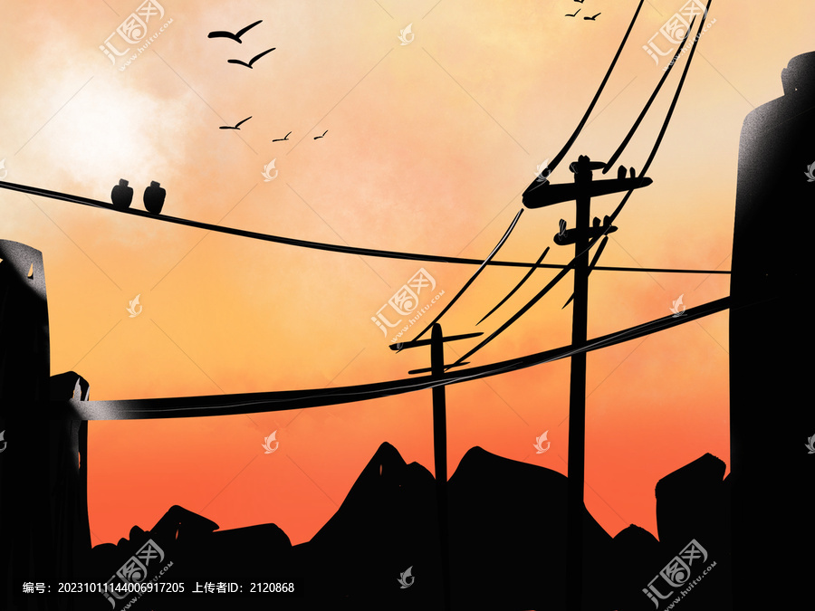 城市落日插畫