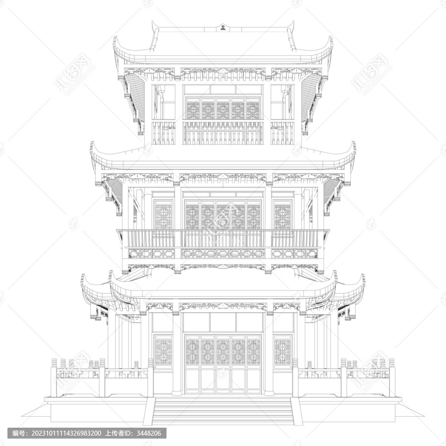 歇山閣樓立面線稿