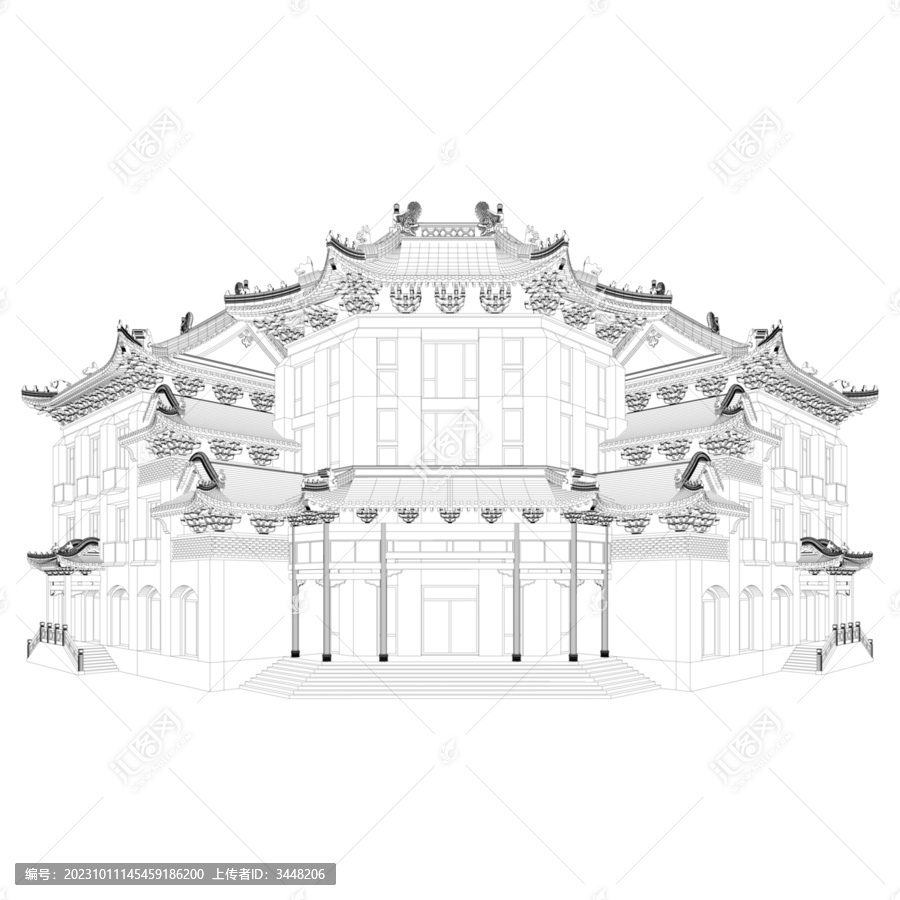 新中式建筑立面線稿