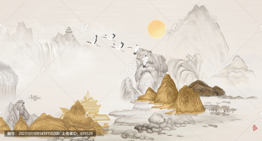 高端金色山水壁畫背景墻