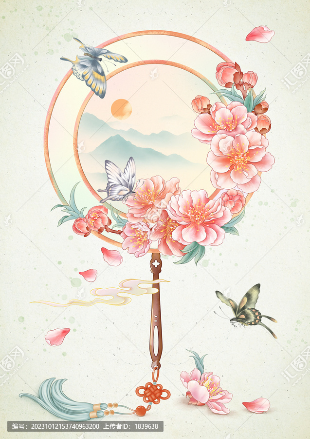 水彩桃花團(tuán)扇插畫(huà)