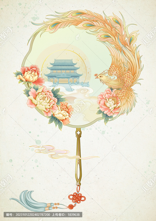 鳳凰牡丹花團(tuán)扇插畫(huà)