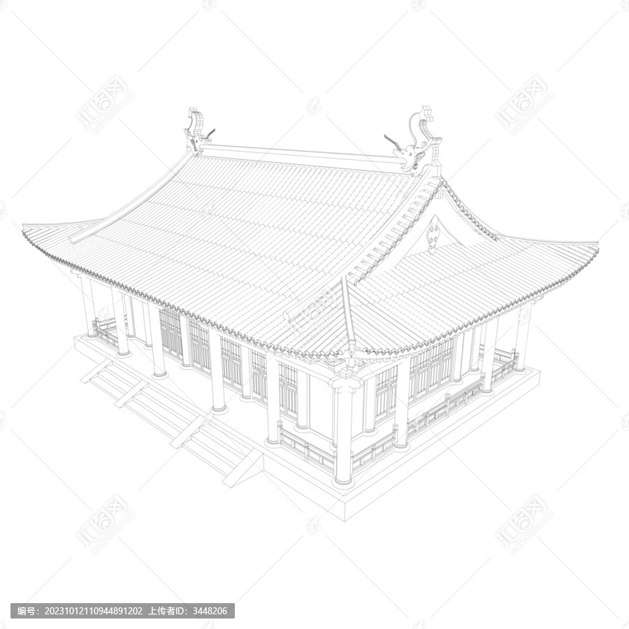 魚龍脊大殿鳥瞰線稿