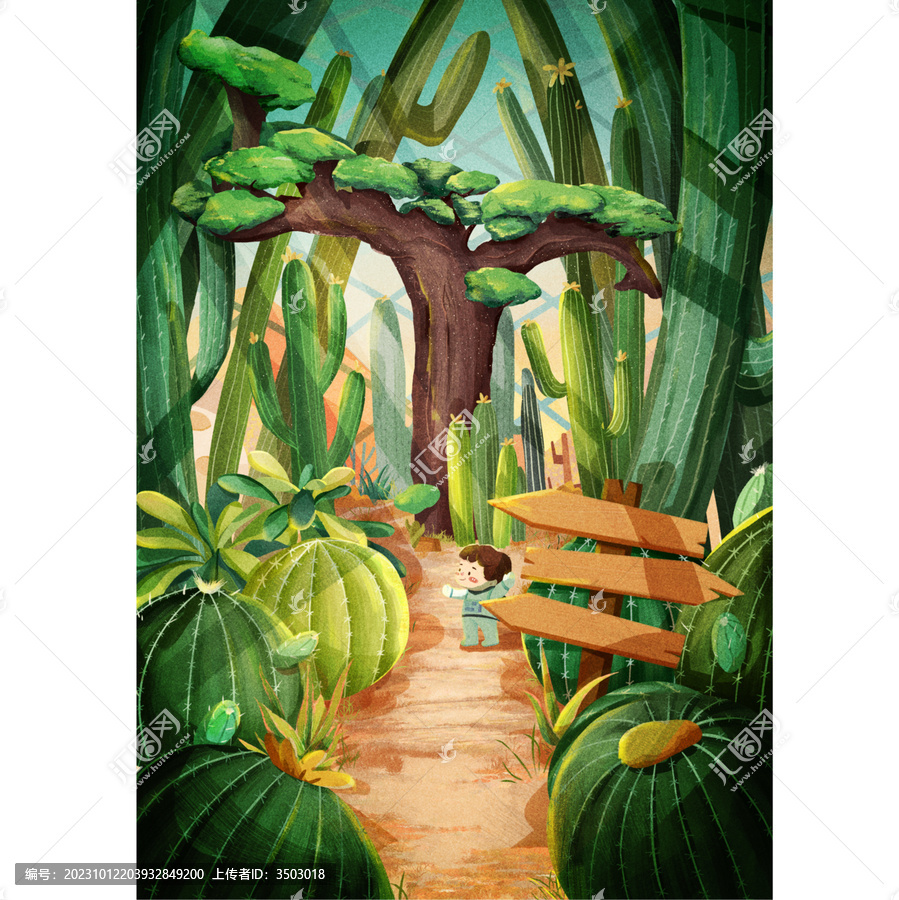 小男孩在沙生館植物園看仙人掌