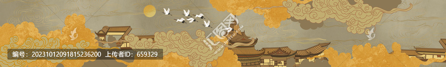 巨幅新中式祥云樓閣背景墻