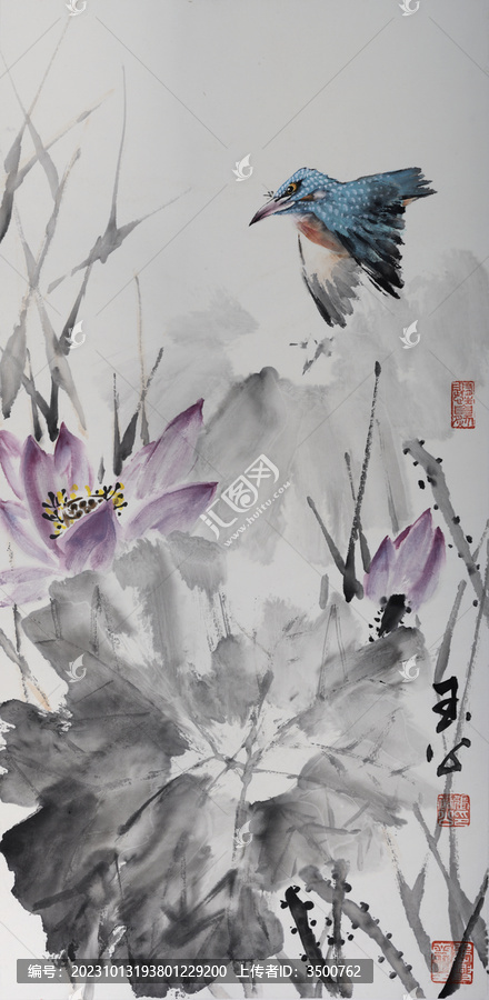 中國寫意畫原創(chuàng)手繪翠鳥荷花