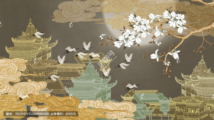 高端新中式花鳥背景墻