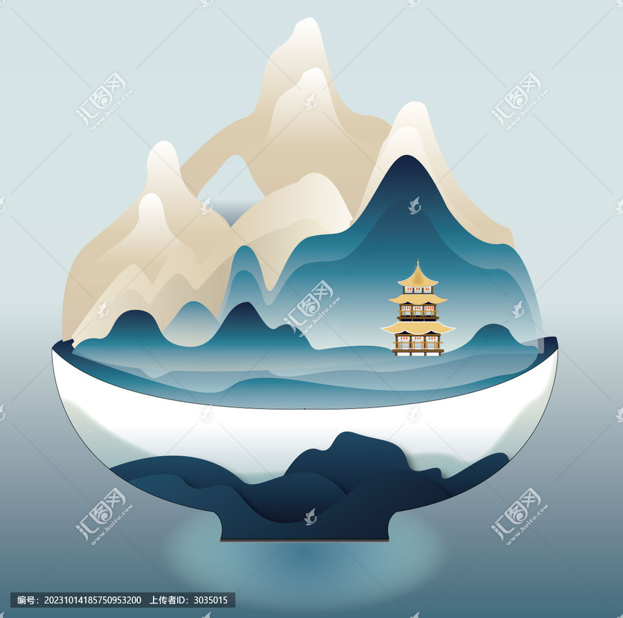 中國(guó)風(fēng)一碗山水插畫(huà)矢量