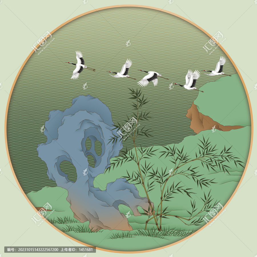 青綠山水仙鶴圖鏡心