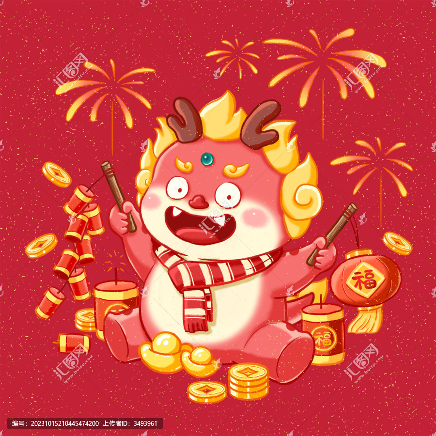 龍年插畫新年快樂放煙花鞭炮