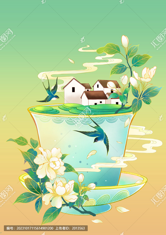 國(guó)風(fēng)茉莉花茶插畫