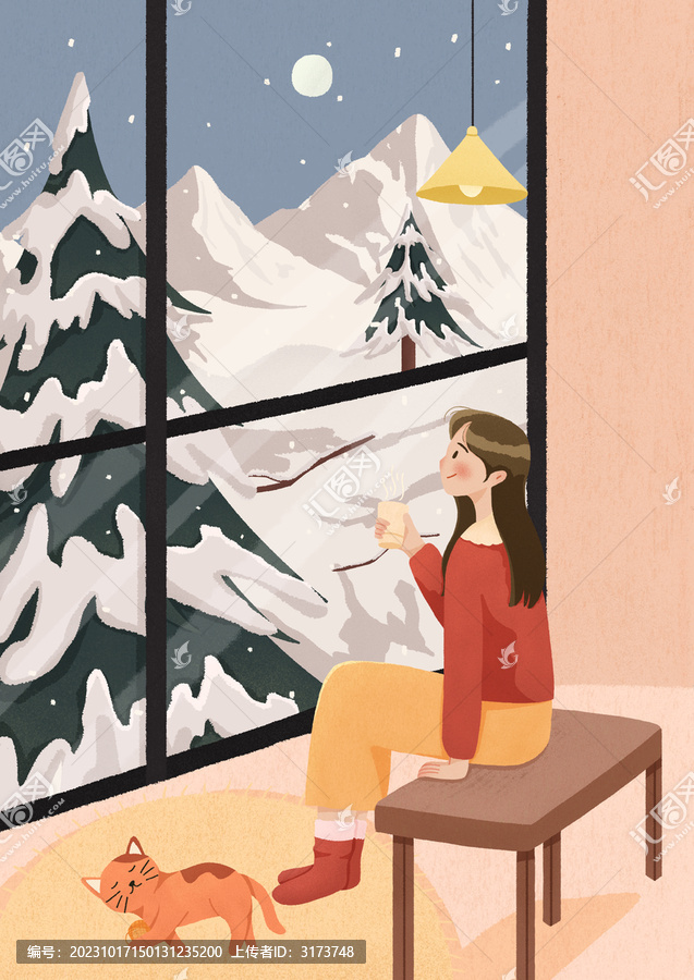 冬天女孩喝咖啡看戶外雪景