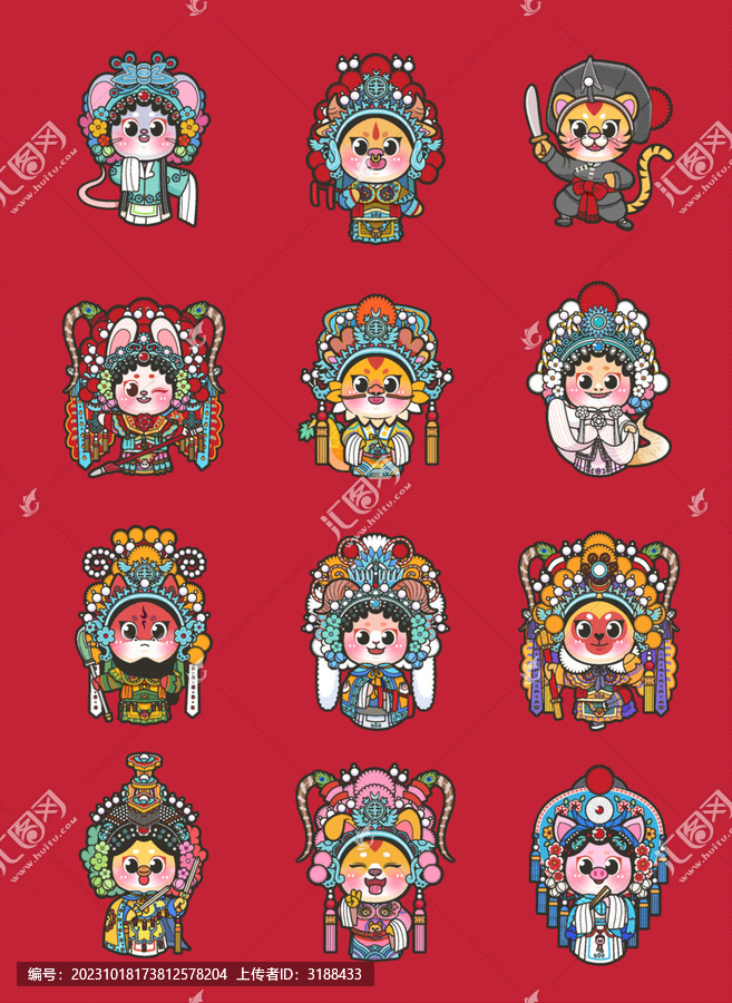 國潮京劇12生肖動物矢量插畫